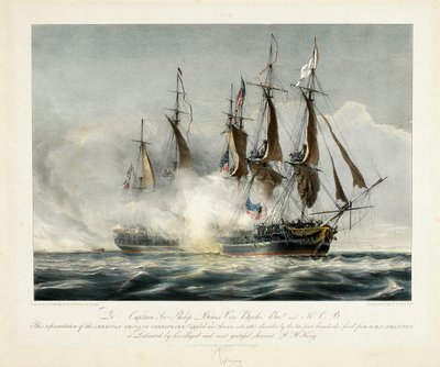 Diese Darstellung der amerikanischen Fregatte Chesapeake, die durch die ersten beiden Breitseiten von H.M.S. Shannon schwer beschädigt und in völlige Unordnung gebracht wurde...., undatiert von John Christian Schetky